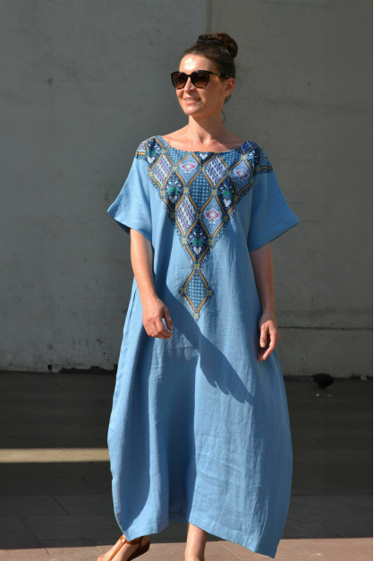 Linen dress. Bali collection. Blue color linen boho designer dress with Bali batik. Softened linen dress.