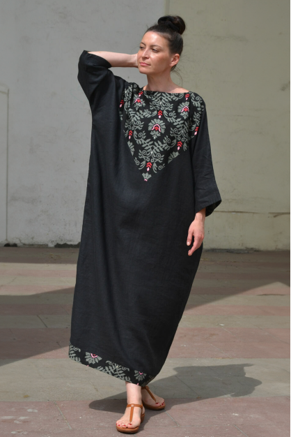 Linen dress. Bali collection. Black color linen boho designer dress with Bali batik. Softened linen dress.