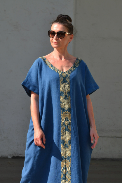 Linen dress. Bali collection. Cornflower color linen boho designer dress with Bali batik. Softened linen dress.