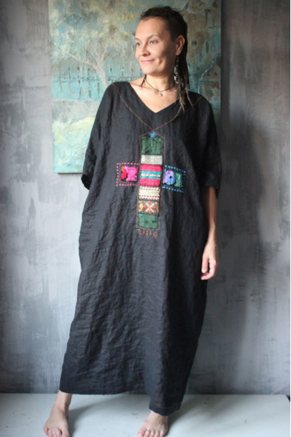 Linen dress with hand embroidery. Long dress with decor. Linen boho designer dress. Custom length