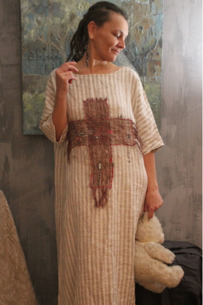 Embroidered linen dress. Beige stripes dress with decor. Linen boho designer dress. Custom length