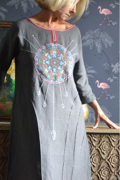 Full moon. Dark grey. Embroidered linen dress. Linen boho designer dress.