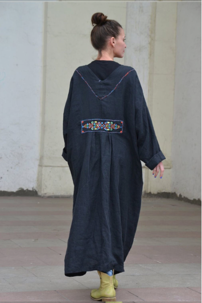 Linen boho coat. Black with embroidery. Custom size