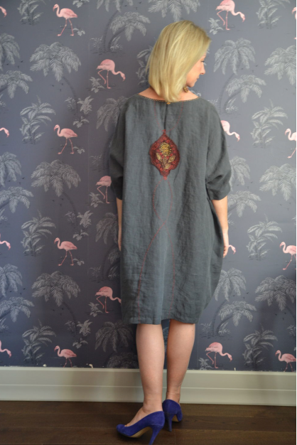 Embroidered linen dress-tunic. Dark grey linen color.