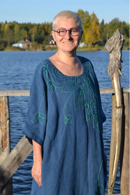 Embroidered linen dress. Linen boho designer dress. Blue Denim color