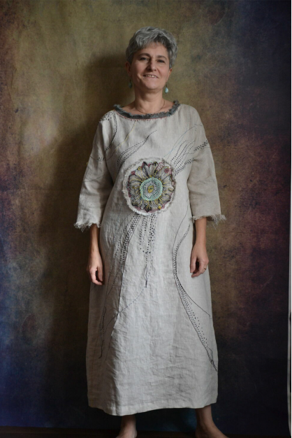 Japanese collection. Designer Linen dress. Hand made embroidered linen dress