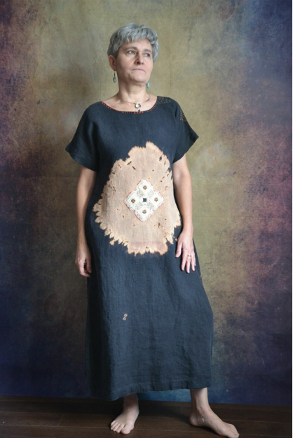 Japanese collection. Linen dress japanese flower. Hand made embroidered linen dress