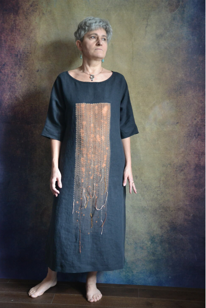 Japanese collection. Linen dress with etching. Hand made embroidered linen dress