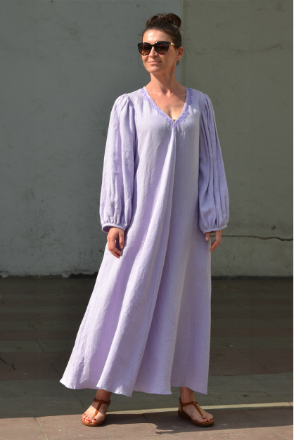 Lavender collection. Linen embroidered dress. Custom length. Long dress