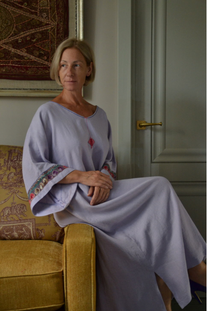 Lavender collection. Linen dress. Lavender with sleeves and embroidery