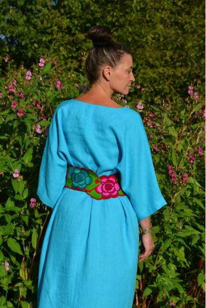 Linen dress with mexican belt. Mexican collection. Embroidered linen dress with special decor. Turquoise color linen boho designer dress.