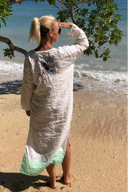 Linen dress. Mexican collection. Embroidered linen dress with special decor. Сaribbean color linen boho designer dress. Softened linen dress.