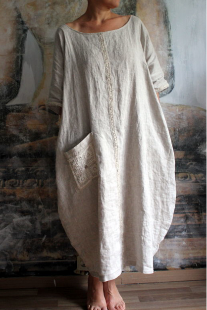 Embroidered linen dress. Natural linen color with related element. Linen boho designer dress.