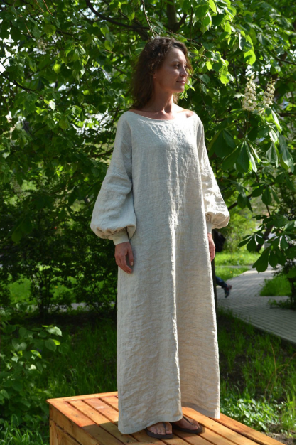 Maxi Linen dress. Grey with sleeves. Custom length. Long dress