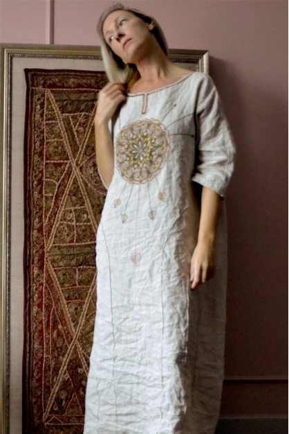 Winter moon. Embroidered linen dress. Linen boho designer dress. Linen long dress.