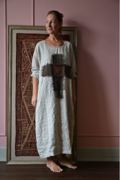 Embroidered linen dress. Natural linen color. Linen boho designer dress. Custom length and size