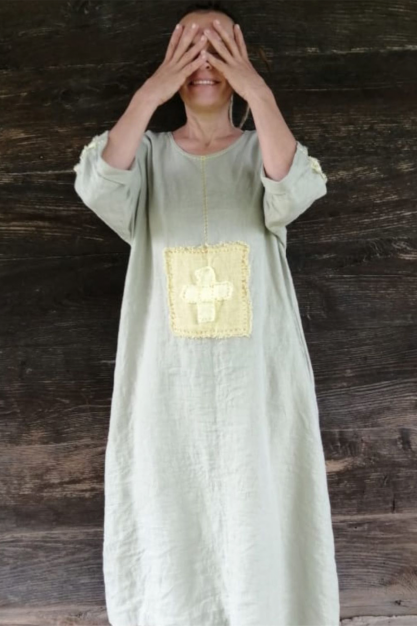 Exclusive Pistashio linen dress. Author's embroidery. Linen boho designer dress. Custom length, size