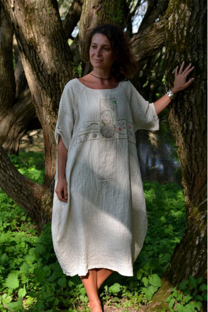 Embroidered linen dress. Fantasy. Linen boho designer dress. Custom length. Natural linen color stripes