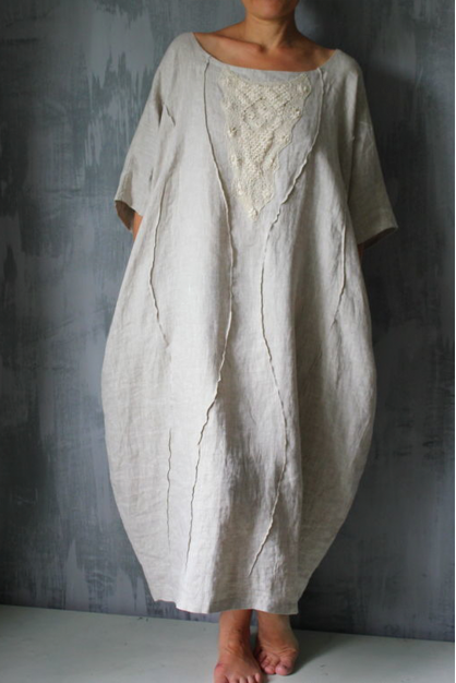 Embroidered linen dress. Natural linen color with related element. Linen boho designer dress.