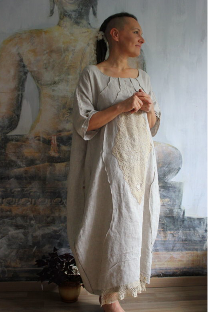 Boho linen dress. Natural linen color with related element. Embroidered designer dress.