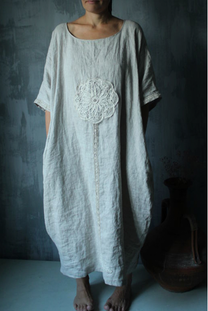 Embroidered linen dress. Natural linen color with related element. Linen boho designer dress.