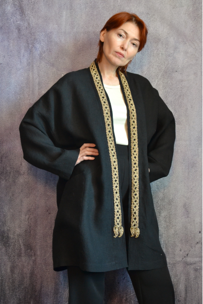 Evening collection. Black linen kimono with antique embroidery