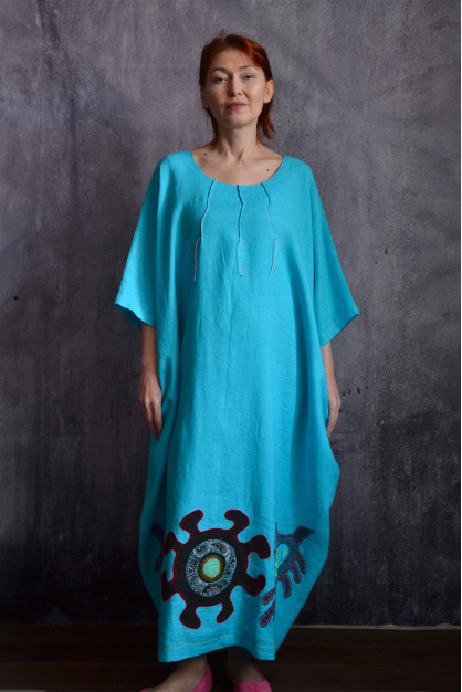 Turquoise bird. Linen dress.