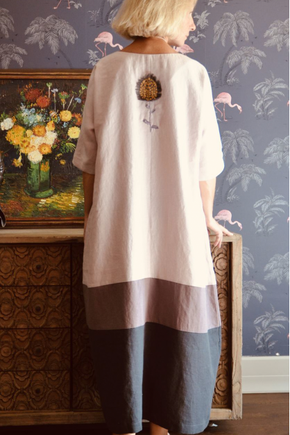 Linen dress. Powder with edging and flower