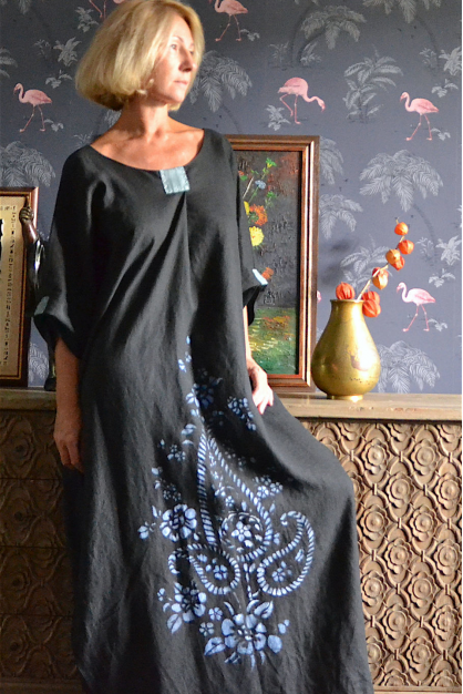 A linen dress. Designer dress with hand made print