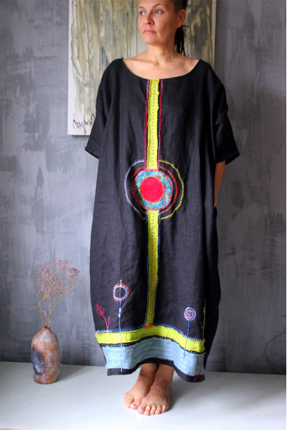 Embroidered linen dress. Contrast. Linen boho designer dress.