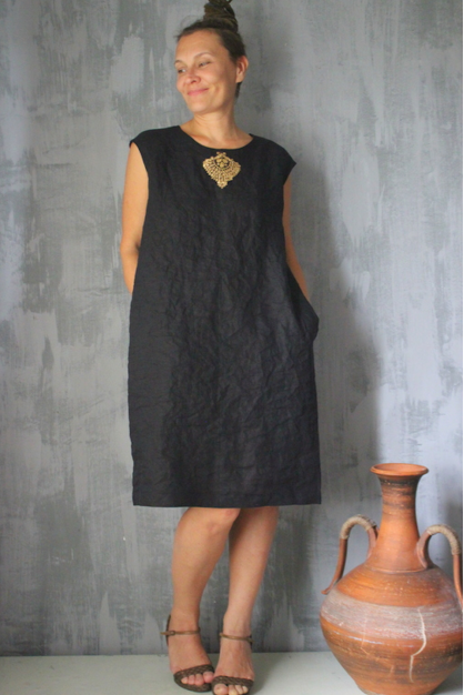 Italian linen dress. Black with decor or Blue-gray color. Boho linen dress