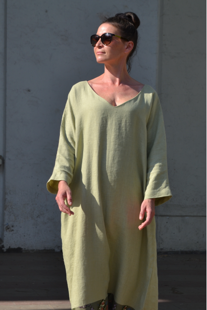 Linen dress. Bali Collection. Pistashio color linen boho designer dress with Balinese batik. Softened linen dress.