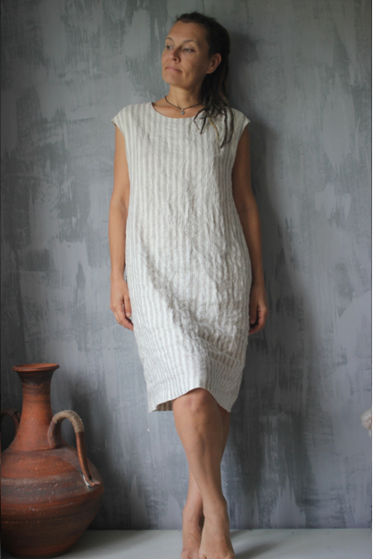 Italian linen dress. Natural stripes. Boho linen dress. Custom size