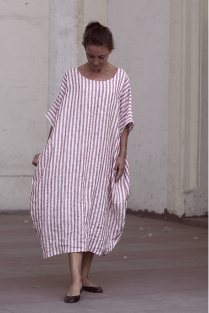 Loose Boho linen dress. Red stripes dress. Natural stripes dress. Custom length