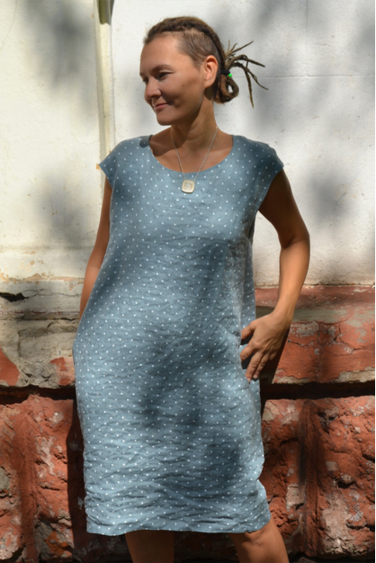 Italian linen dress. Blue with polka dots. Soft linen dress.