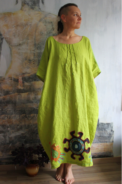 Apple green color. Embroidered linen dress. Linen boho designer dress.