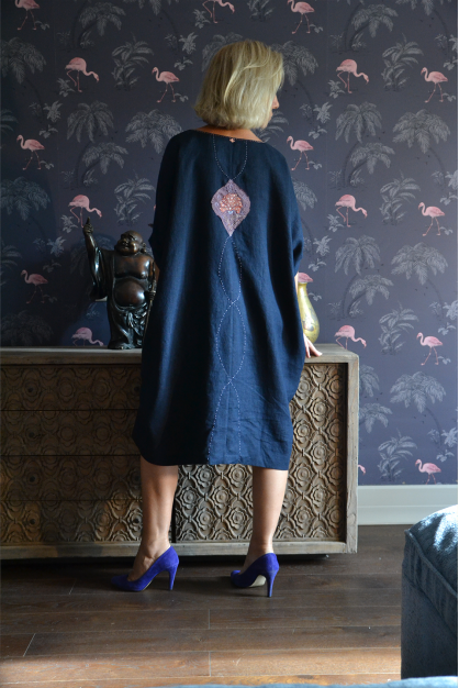 Dark blue linen tunic dress. Hand made embroidery