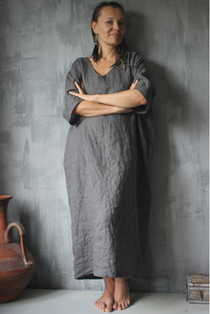 Loose linen dress. Dark gray color. Custom length. Maxi linen dress. Long dress graphit