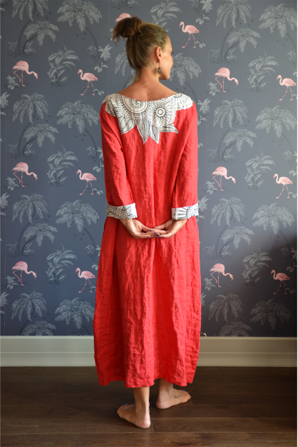 Linen dress with decor. Red with flower.boho linen dress. Custom length.Custom size