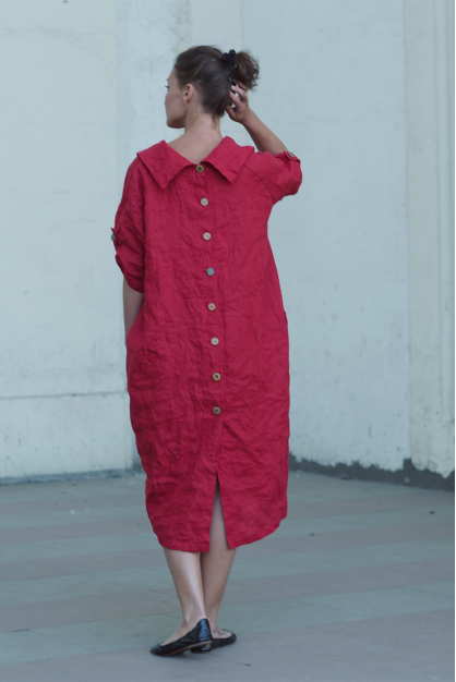 French linen dress.Red tomato color.Boho linen dress with buttons