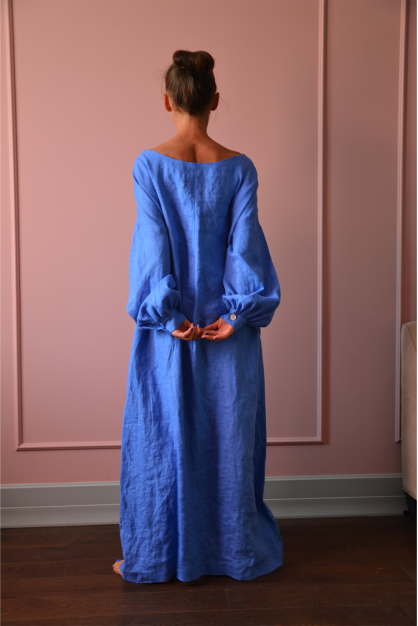 Long Linen dress. Bright blue with sleeves. Custom length. Cornflower boho linen dress