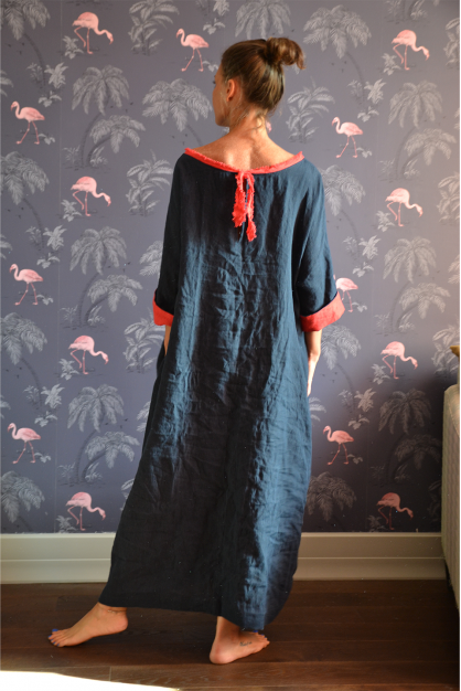 Linen dress. Dark blue with red ribbon. Custom size and length