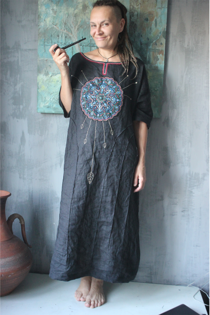 Full moon. Embroidered linen dress. Linen boho designer dress.