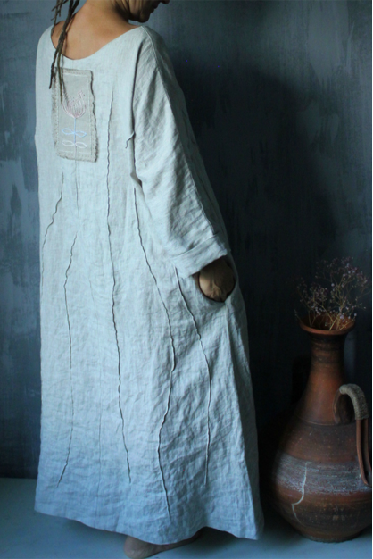 Boho english linen dress. Grey with flower. Long dress. Custom length