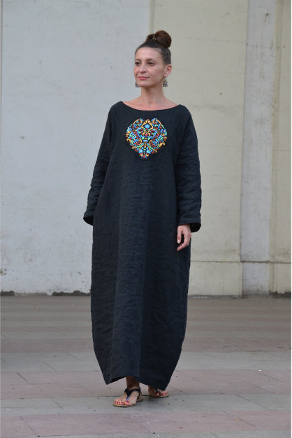 Moroccan dress. Embroidered linen dress. Linen boho designer dress.