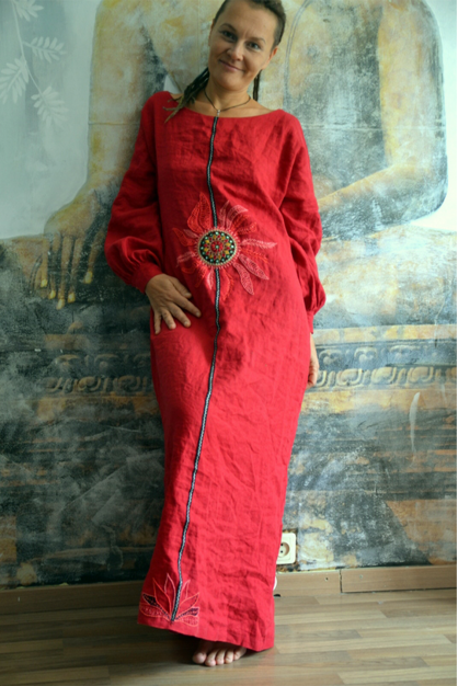 Red sun. Linen designer dress. Hand embroidered linen dress. Bohemian dress. Custom length